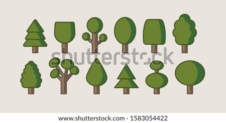 Various outline green trees. Minimalistic icons, logos for web design and social media. Colored Vector set. Cartoon style, simple flat design. Trendy illustration. Every icon is isolated