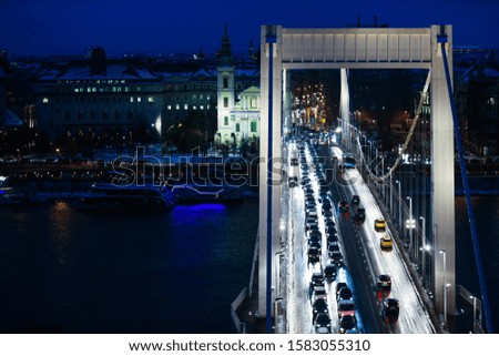 Elisabeth Bridge connecting Buda and Pest across the River Danube. Traffic jams in Budapest.