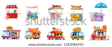 set of fast food trucks and street food carts, isolated object on a white background, vector illustration