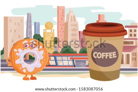 donut character and a glass of coffee on the background of large houses, street food, fast food, vector illustration