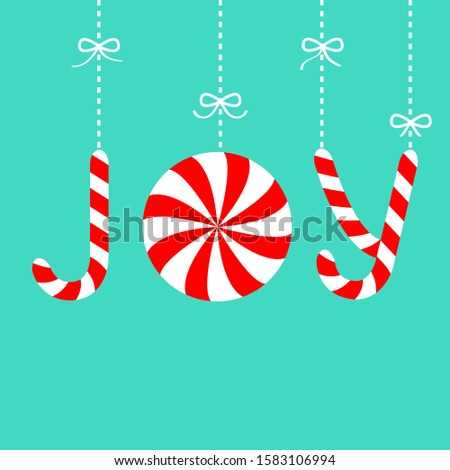 Joy text lettering hanhing on dash line with bow. Candy Cane Merry Christmas xmas decoration. Red white peppermint stick and circle set. Flat design. Blue background. Isolated. Vector illustration