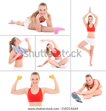 collage of sporty pictures: young beautiful woman doing fitness isolated on white background
