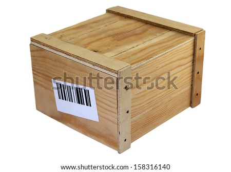 Wooden box with a black barcode 