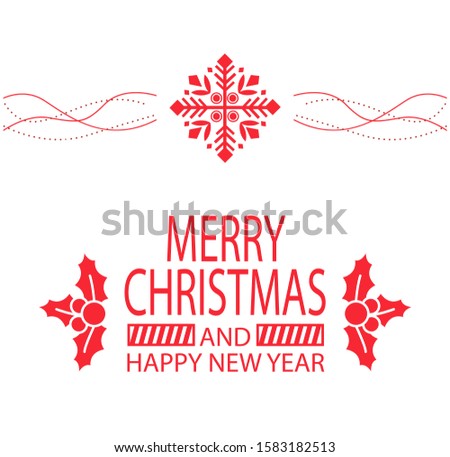 Congratulation postcard with Merry Christmas and Happy New Year raster. Paper card with red pattern of snowflake and leaves with lines and points