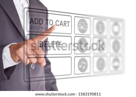 hand pushing add to cart button in online store on digital virtual screen technology isolated on white background with copy space