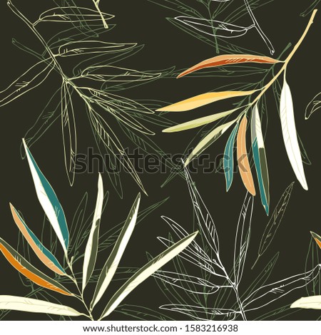 Beige, white and green leaves of palm trees on a black background vector illustration. Seamless pattern. EPS10.
