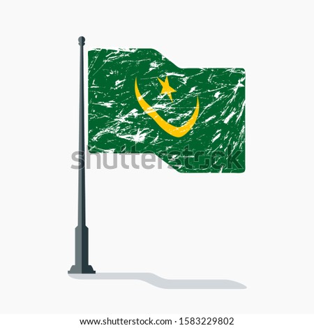 Mauritania flag with scratches waving on flagpole with shadow in vector