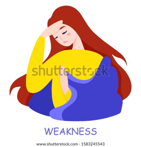Tired woman with lack of energy. Weak, exhausted girl is sick. Cold or flu symptoms infographic. Idea of medical treatment and healthcare.Isolated vector flat illustration