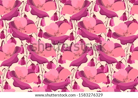 Art floral vector seamless pattern. Pink garden flowers isolated on pale yellow background. Endless pattern for wallpaper, fabric, textiles, accessories.