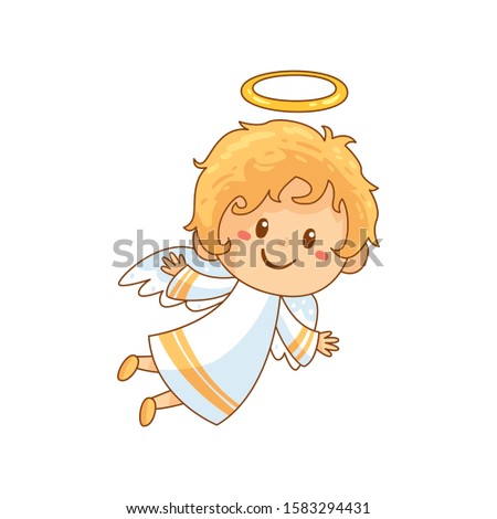 Cute Christmas Angel. Vector illustration in cartoon style. Isolated on white background. Christmas tree, Christmas flute.