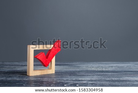 Red voting tick. Checkbox. Democratic elections, referendum. The right to choose, change of power. Checklist for verification and self-discipline. Necessary quality criteria, skills, approval symbol Royalty-Free Stock Photo #1583304958