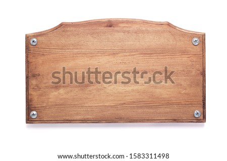 wooden nameplate or wall sign isolated at white background, mdf texture surface