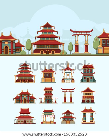 China houses. Traditional east buildings beautiful roof japan architectural objects vector flat illustrations Royalty-Free Stock Photo #1583352523