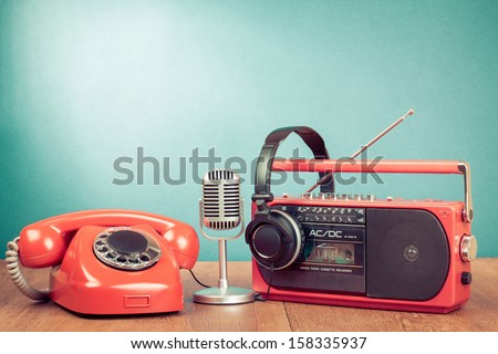 Retro telephone, radio and cassette player, headphones, microphone
