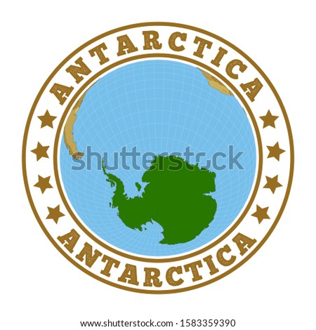 Antarctica logo. Round badge of country with map of Antarctica in world context. Country sticker stamp with globe map and round text. Vector illustration.