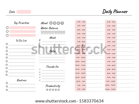 Daily planner printable template Vector. Blank white notebook page A4. Business organizer schedule page for a day for effective planning. Paper sheet. Vector illustration design Royalty-Free Stock Photo #1583370634