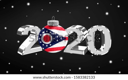 Happy new Year 2020, flag State of Ohio on a christmas toy, decorations isolated on dark background. Creative christmas concept.