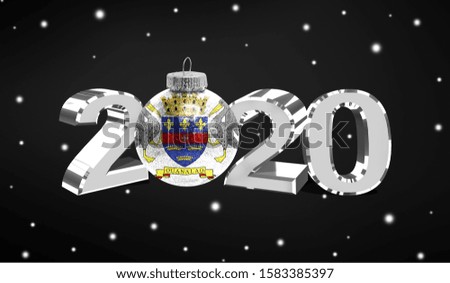 Happy new Year 2020, flag of Saint Barthelemy on a christmas toy, decorations isolated on dark background. Creative christmas concept.