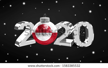 Happy new Year 2020, flag of Greenland on a christmas toy, decorations isolated on dark background. Creative christmas concept.