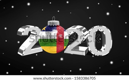 Happy new Year 2020, flag of Central African republic on a christmas toy, decorations isolated on dark background. Creative christmas concept.