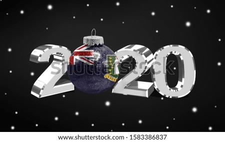 Happy new Year 2020, flag of British Virgin Islands on a christmas toy, decorations isolated on dark background. Creative christmas concept.