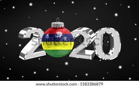 Happy new Year 2020, flag of Mauritius on a christmas toy, decorations isolated on dark background. Creative christmas concept.