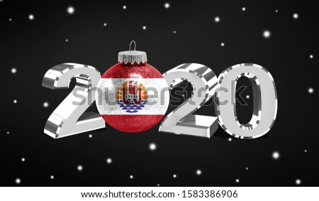 Happy new Year 2020, flag of French Polynesia on a christmas toy, decorations isolated on dark background. Creative christmas concept.
