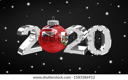 Happy new Year 2020, flag of Bermuda Islands on a christmas toy, decorations isolated on dark background. Creative christmas concept.