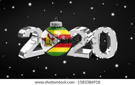 Happy new Year 2020, flag of Zimbabwe on a christmas toy, decorations isolated on dark background. Creative christmas concept.