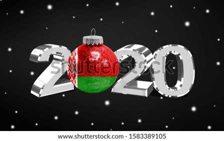 Happy new Year 2020, flag of Belarus on a christmas toy, decorations isolated on dark background. Creative christmas concept.