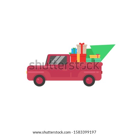 Merry Christmas and Happy New Year. Pickup truck with tree and presents. Vector illustration in flat design