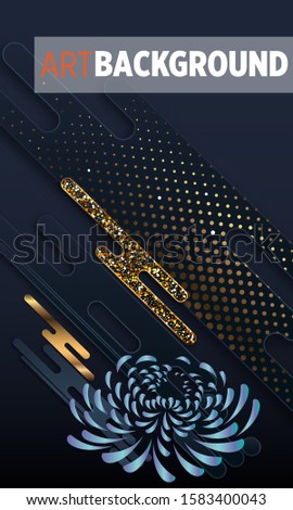 Black paper cut background. Abstract realistic layered papercut decoration textured with golden halftone pattern and chrysanthemum. 3d backdrop. Cover layout template. Material design concept. Vector 