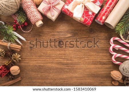 Christmas composition on wooden background	