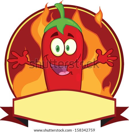 Red Chili Pepper Cartoon Mascot Label. Raster Illustration