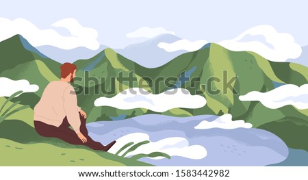 Nature exploration and contemplation flat vector illustration. Man enjoying scenic mountain landscape. Searching new horizons. Explorer cartoon character. Outdoor activity, discovery. Royalty-Free Stock Photo #1583442982