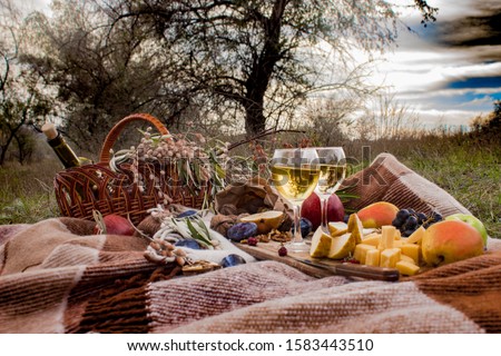 wine, fruits, cheese and nuts on a wooden board, autumn, bare trees