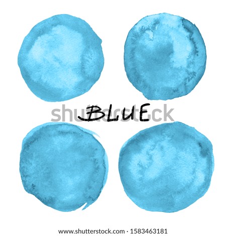 Watercolor blue paint spots, circles set. Isolated on white background. Hand painting on paper. Handwriting font