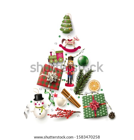 Wooden toys and traditional decorations in the shape of a tree.