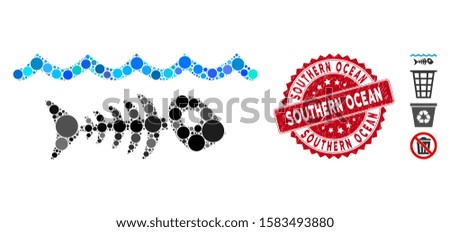 Mosaic water pollution icon and corroded stamp seal with Southern Ocean text. Mosaic vector is formed from water pollution icon and with randomized round elements.