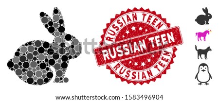 Collage rabbit icon and rubber stamp seal with Russian Teen phrase. Mosaic vector is designed with rabbit icon and with scattered spheric items. Russian Teen stamp seal uses red color,