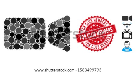 Mosaic movie camera icon and distressed stamp seal with For Club Members text. Mosaic vector is formed with movie camera pictogram and with scattered circle items.