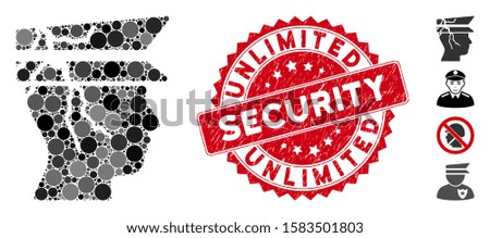Mosaic corrupted police officer icon and grunge stamp seal with Unlimited Security caption. Mosaic vector is designed with corrupted police officer pictogram and with scattered spheric elements.
