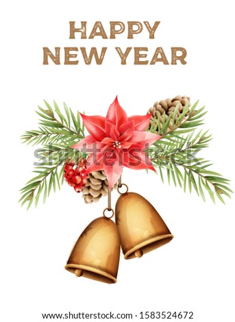 Happy new year composition with bell, red flower, berries, pine cone and leaves. Watercolor vector