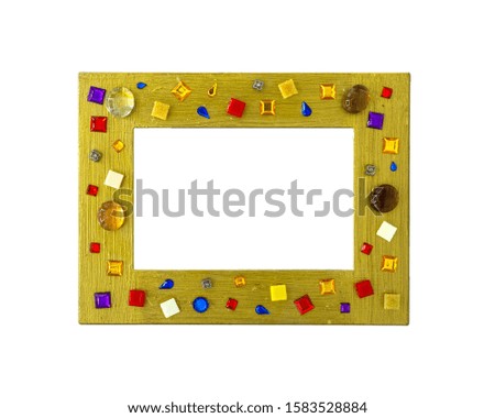 wood frame painted gold color and decorated with glass pearls and stained glass stones for mosaic , handmade