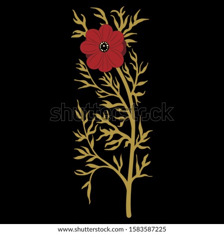 Isolated vector illustration. Branch of Adonis flower. Vintage style. On black background.