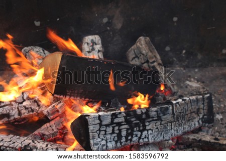 Brightly burning wood in the grill on the background of coals