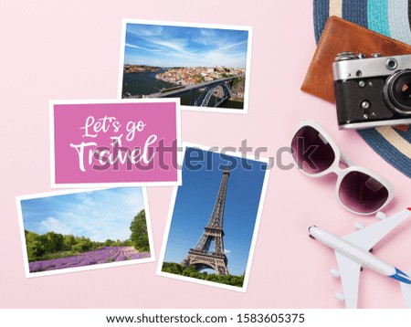 Travel concept with photos, retro camera, airplane, passport and sunglasses. Top view flat lay with copy space