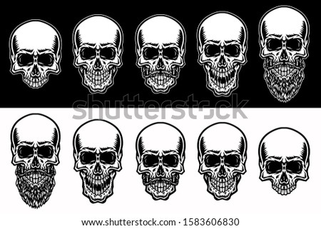 Set of skull characters, isolated on dark and bright background