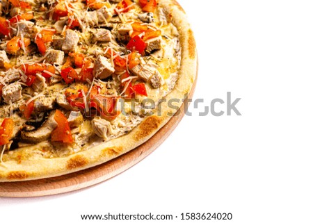 Pizza close up. Photo of pizza isolate on stand with blank space from side. Stock photo.