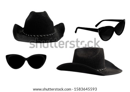 Fashionable set of two pairs of black sunglasses and hats. Objects isolated on white background.